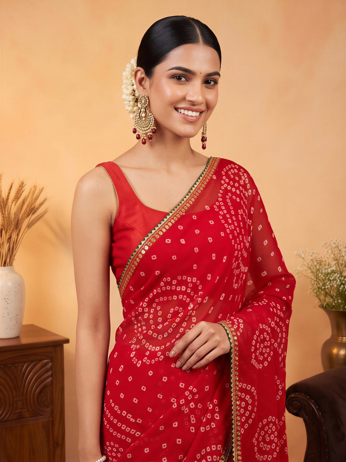 Red Georgette saree – detail view 4