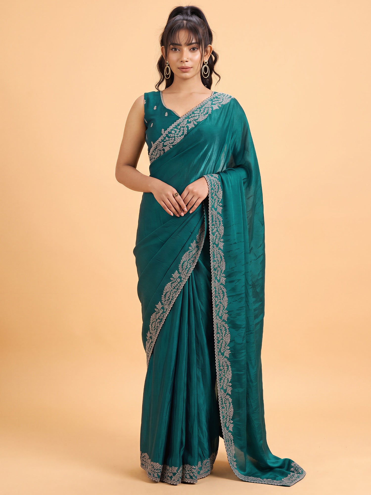 Teal Green Satin Silk saree – detail view 3