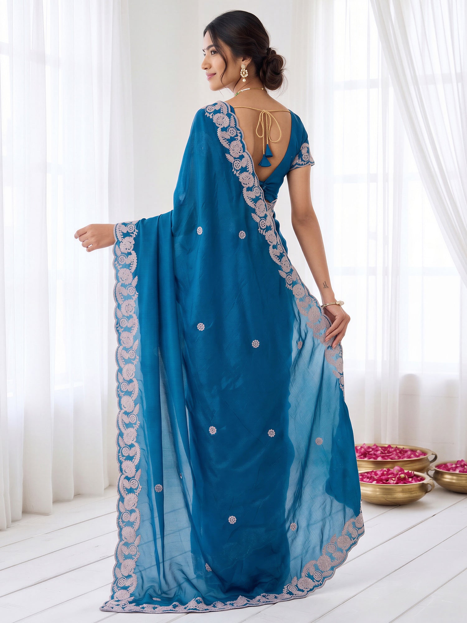 Teal Blue Satin saree – detail view 1