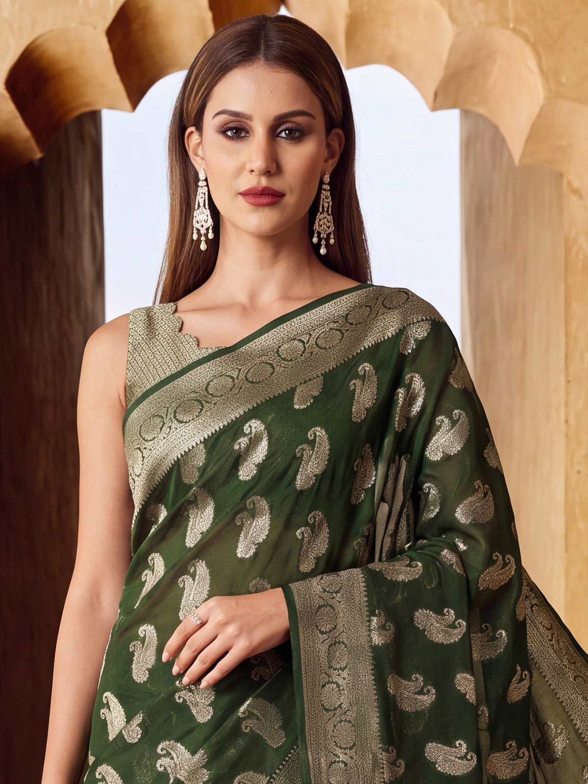 Green Georgette saree – detail view 4
