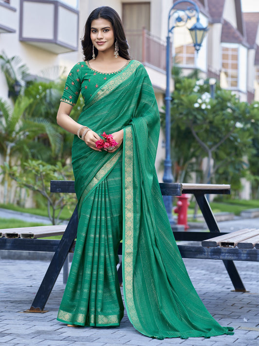 Teal Green striped jacquard saree with teal green blouse piece