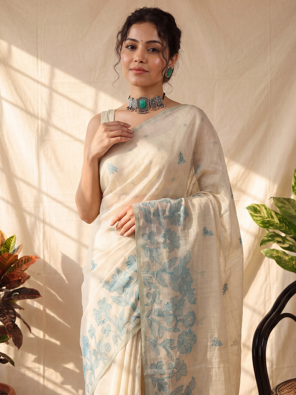 Cream Chanderi Cotton saree – detail view 4