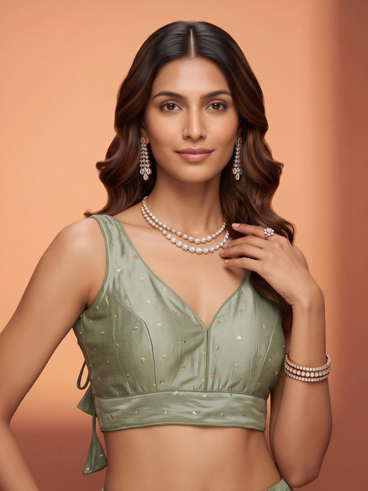 Light Green sequin embellished silk blend sleeveless readymade saree blouse with v neck view 3