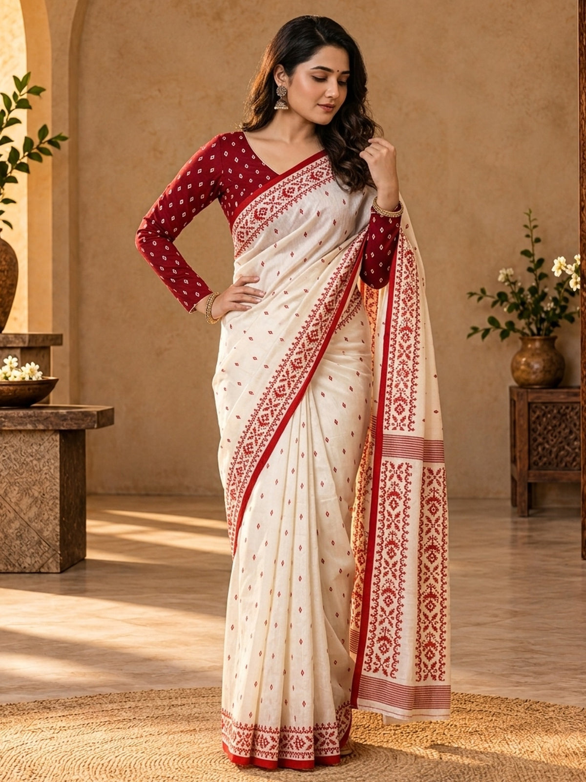 Off White ethnic motif tussar silk saree with red blouse piece