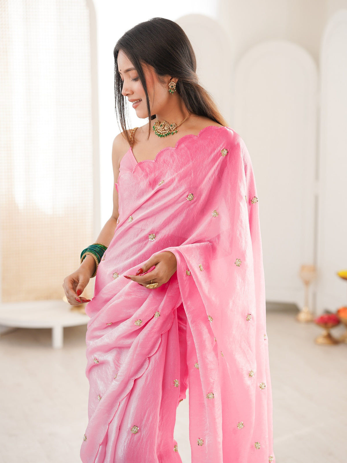 Pink satin saree view 3