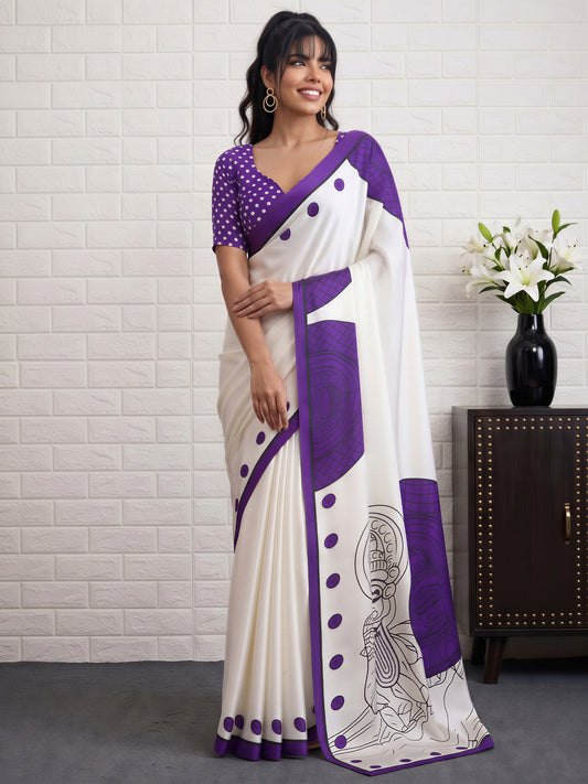 Woman wearing white satin saree with traditional indian motif work and violet blouse