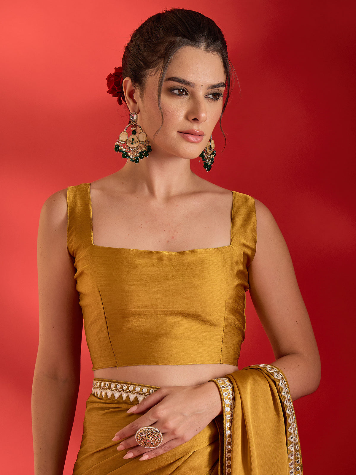 Unstitched mustard satin blouse piece with solid design