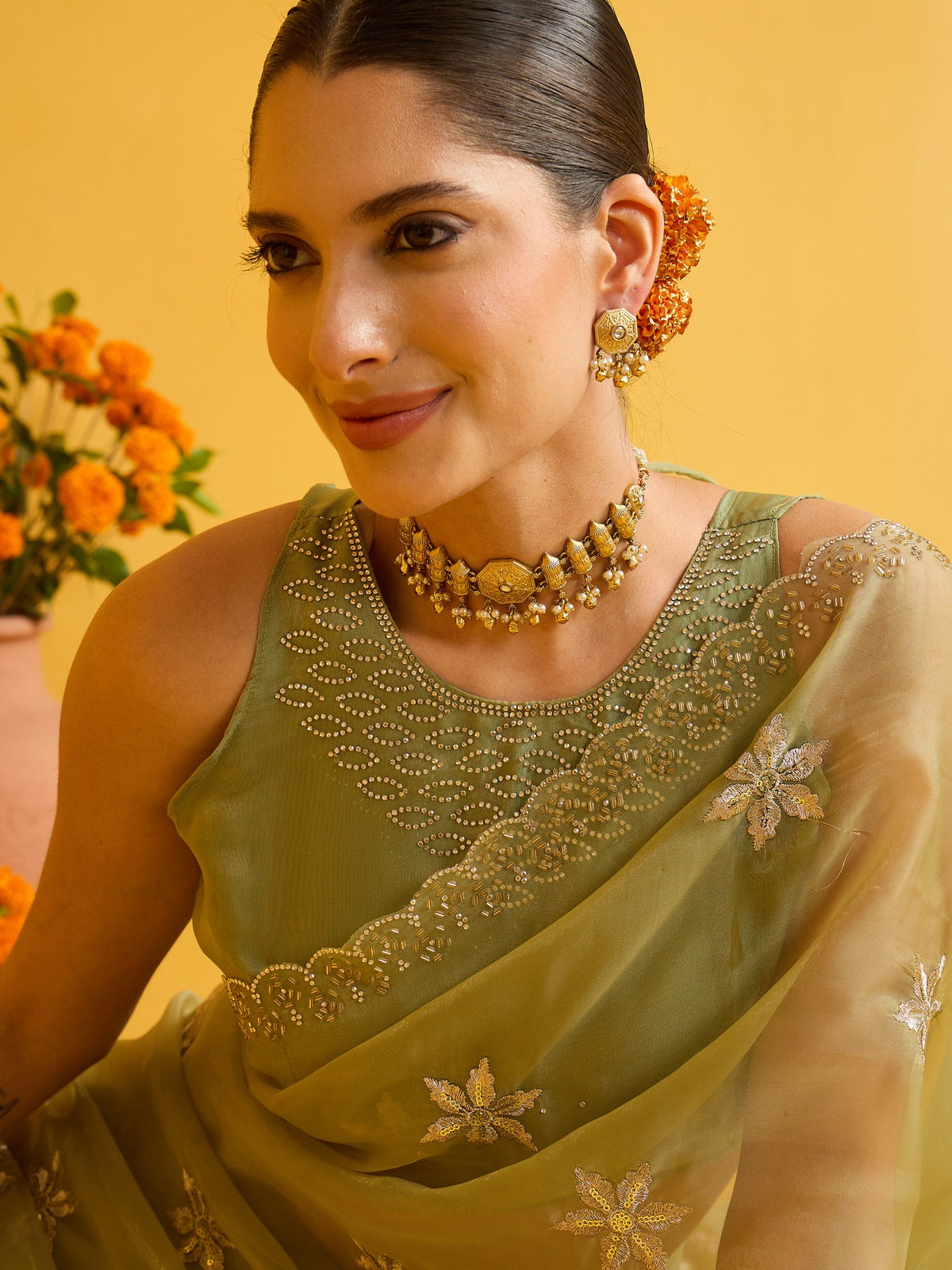 Mint Green Pure Georgette saree – detail view 4