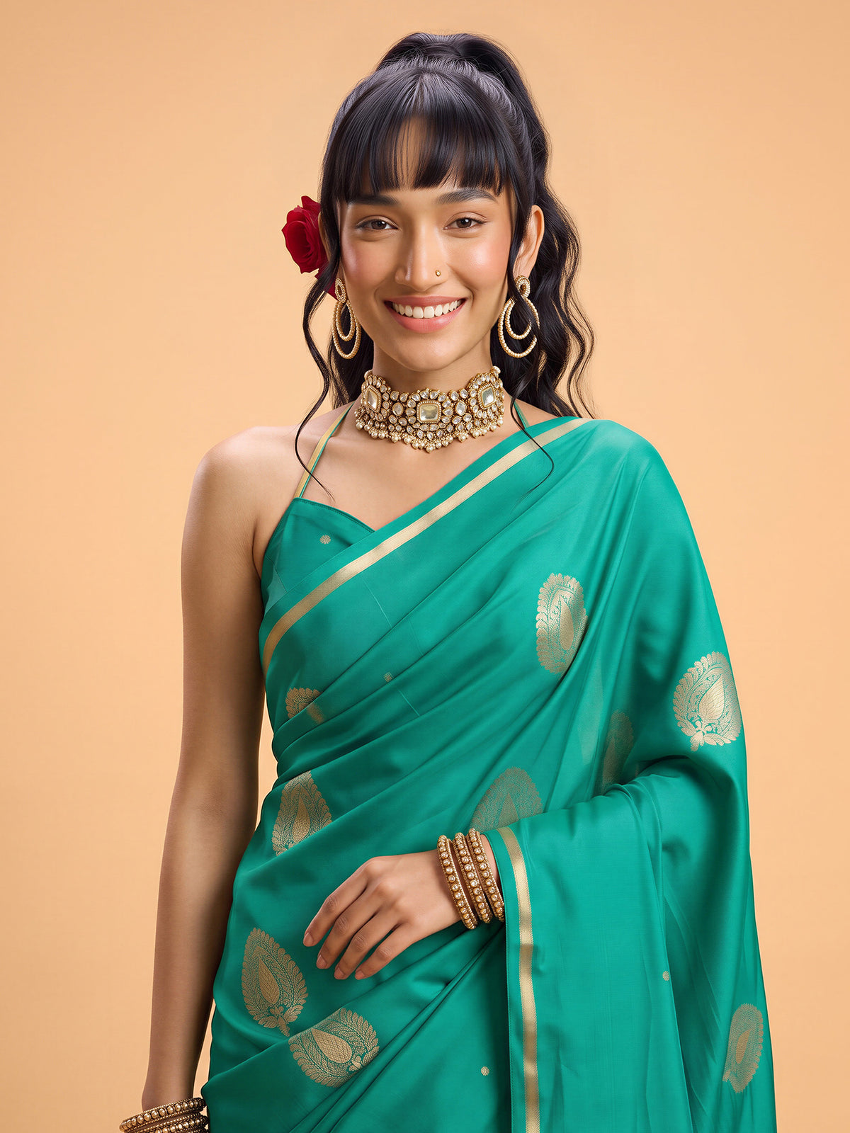 Teal Green Satin Silk saree – detail view 4