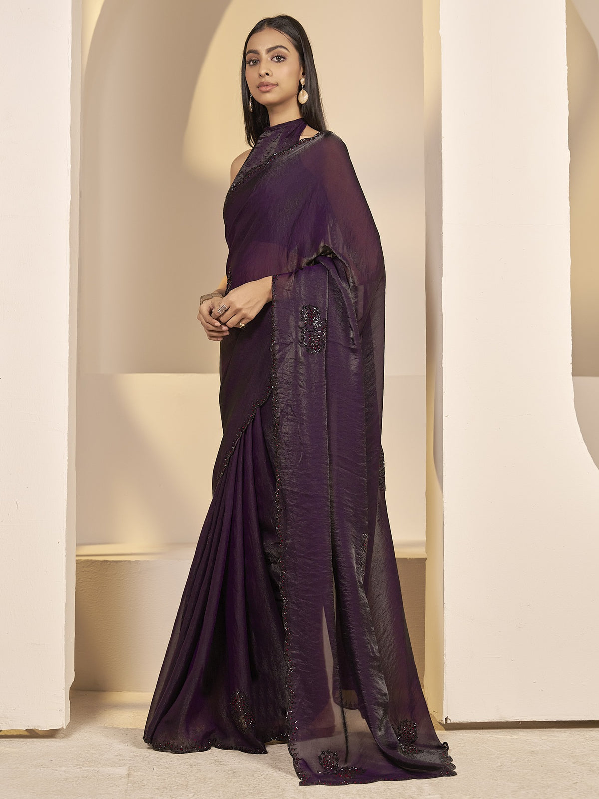 Wine satin silk saree view 1