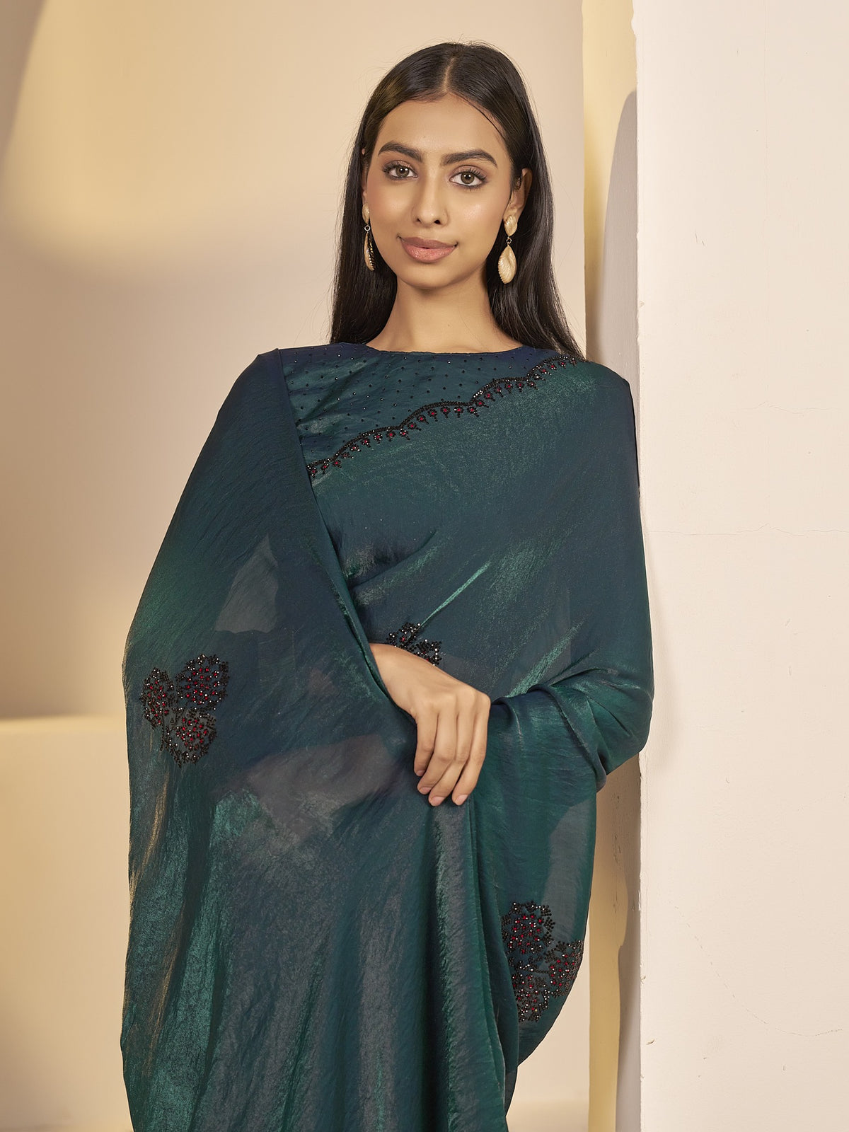Teal Green satin silk saree view 3
