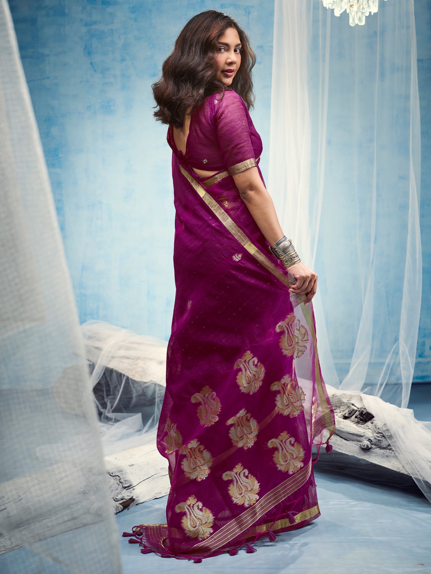 Magenta Muga Silk saree – detail view 1