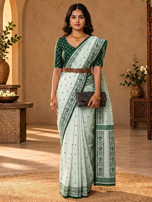 Off White ethnic motif tussar silk saree with green blouse piece