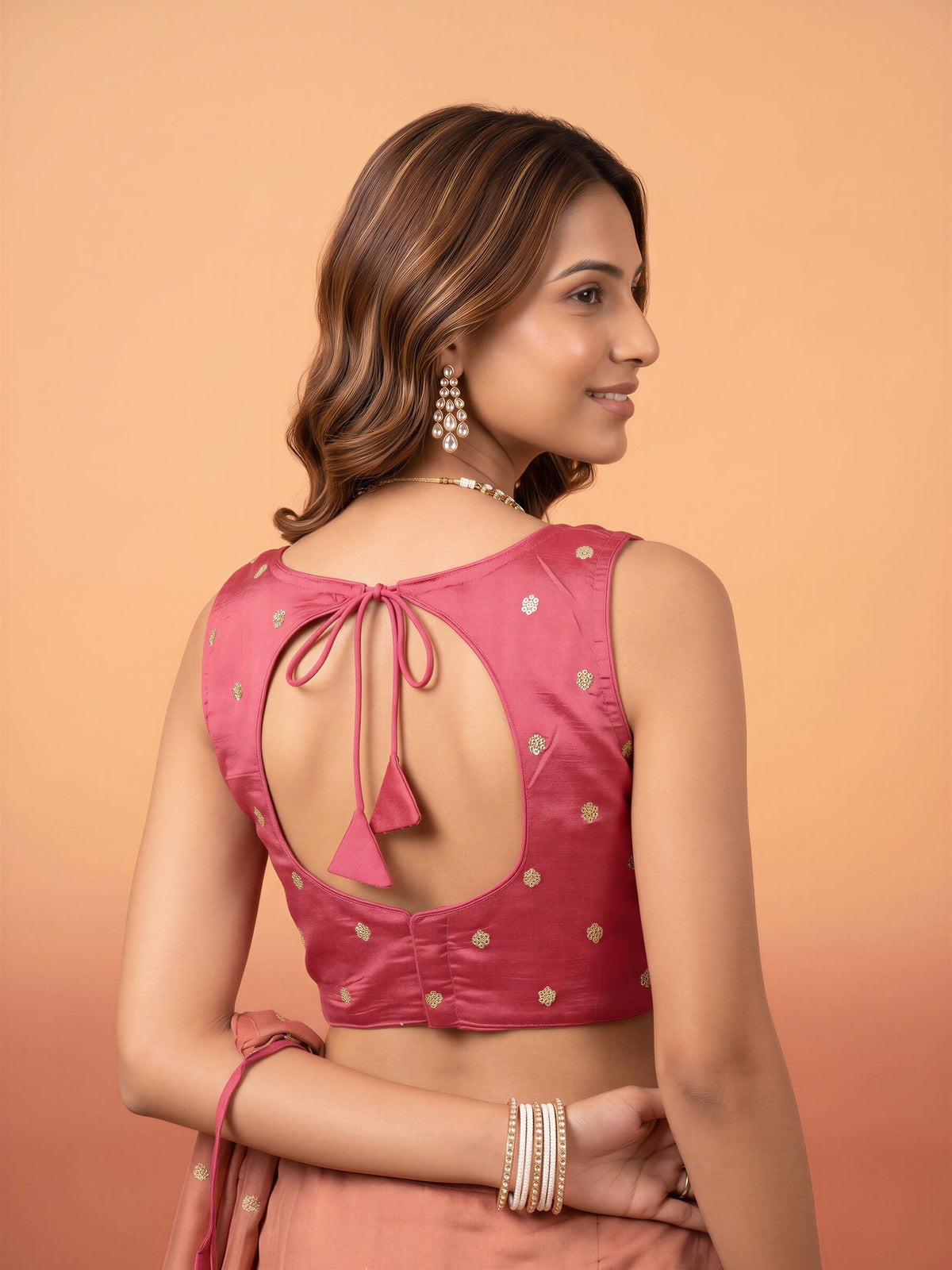 Pink sequin embellished chinnon sleeveless readymade saree blouse with round neck view 1