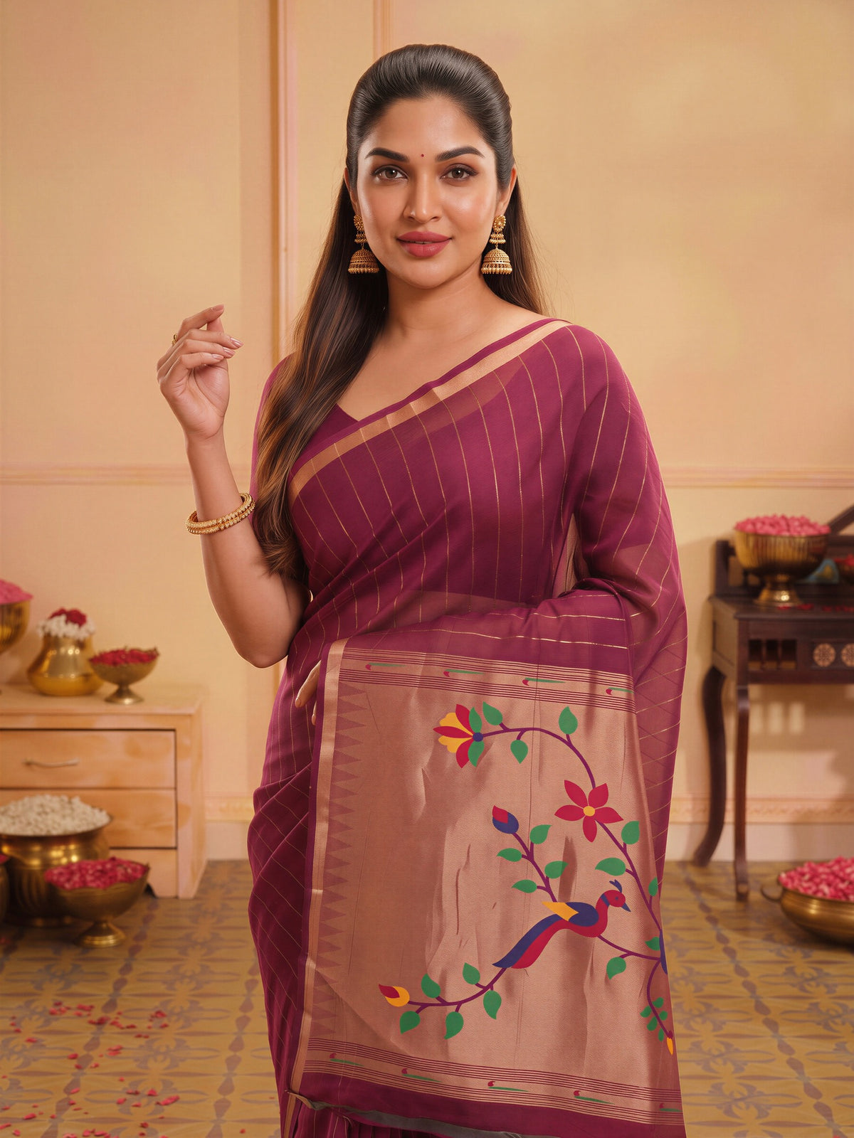 Wine silk blend saree view 3