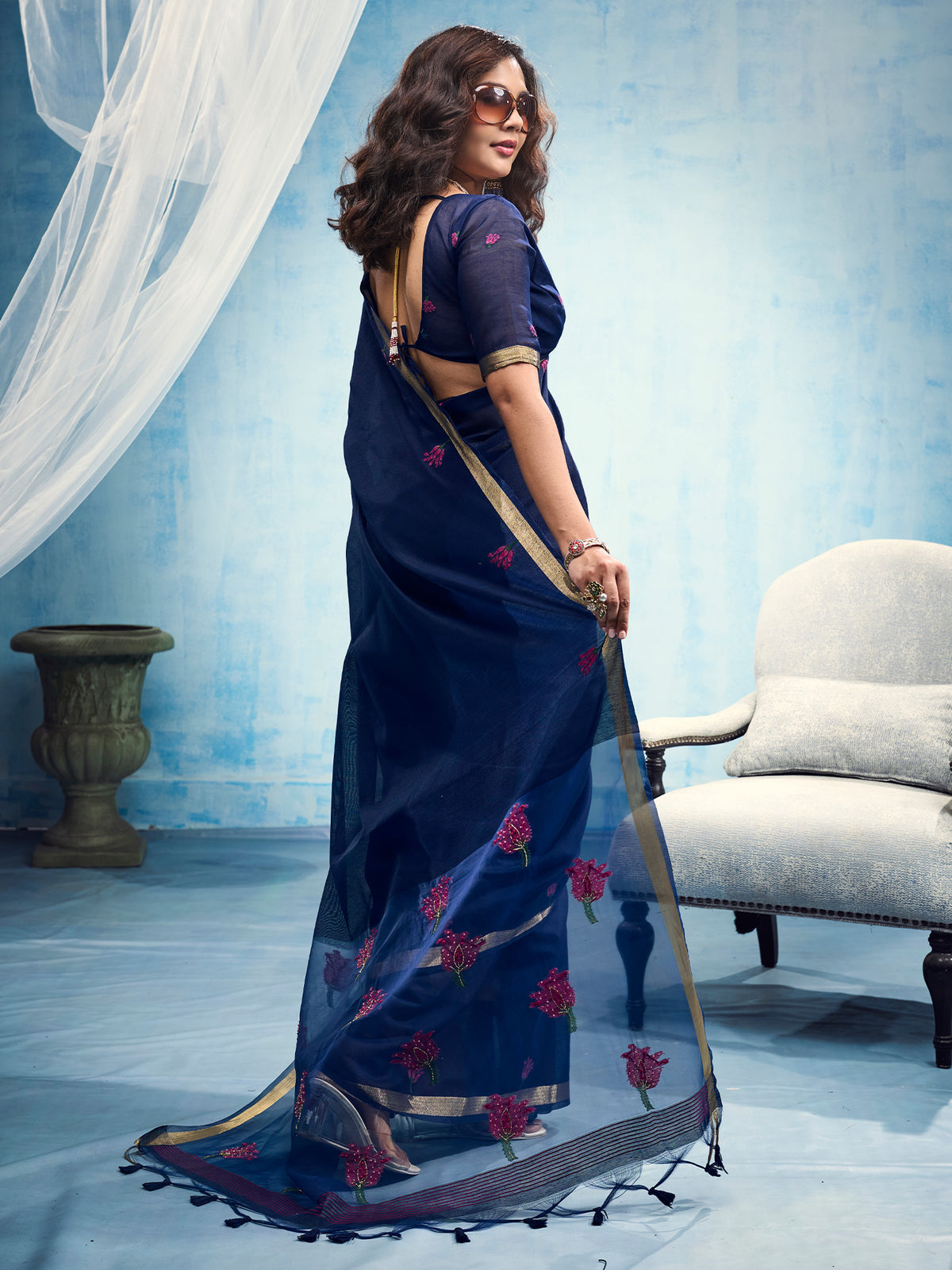 Blue Muga Cotton saree – detail view 1