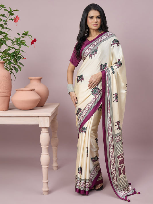 Off White pichwai satin saree with wine blouse piece