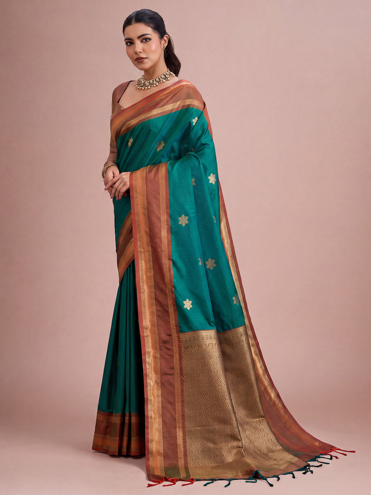 Teal Green Tussar Silk saree – detail view 2