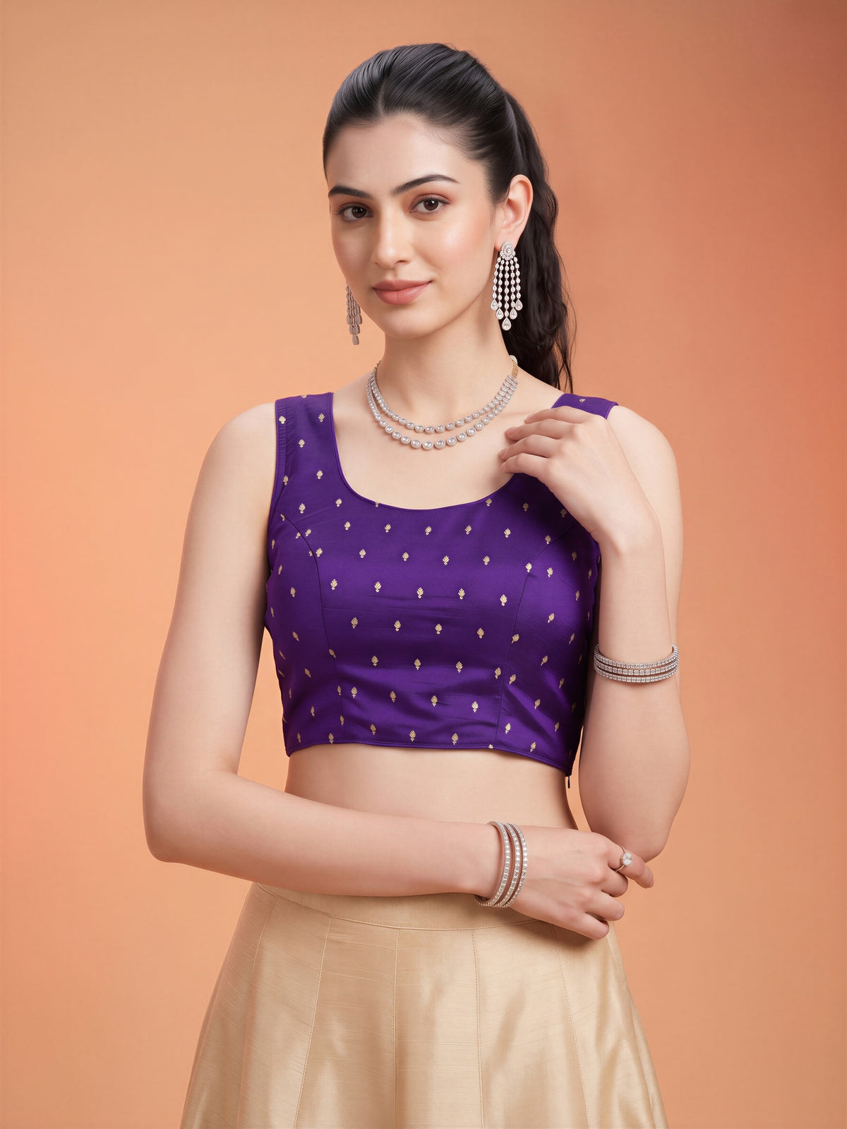 Violet sequin embellished silk blend sleeveless readymade saree blouse with round neck view 3