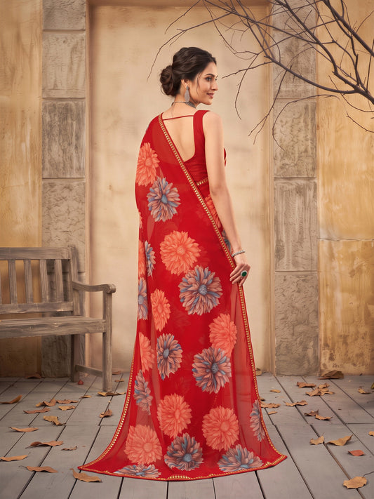 Red Georgette saree – detail view 1