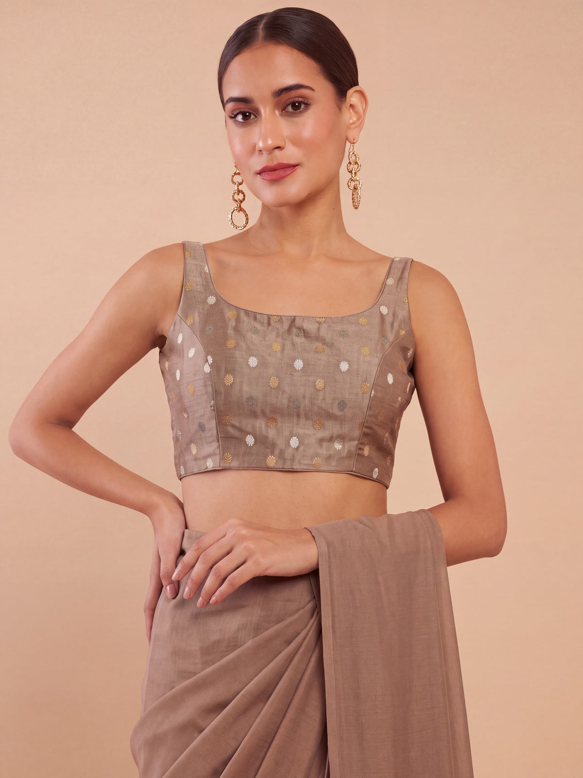 Beige zari woven georgette sleeveless readymade saree blouse with round neck view 3