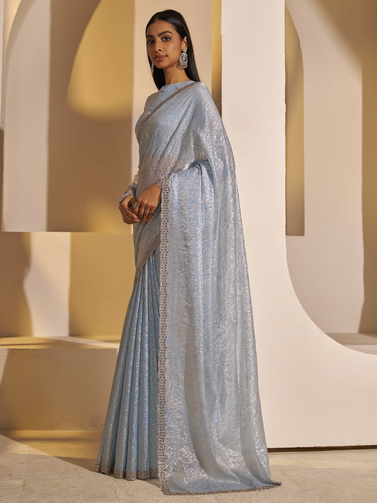 Light Blue satin silk saree view 1