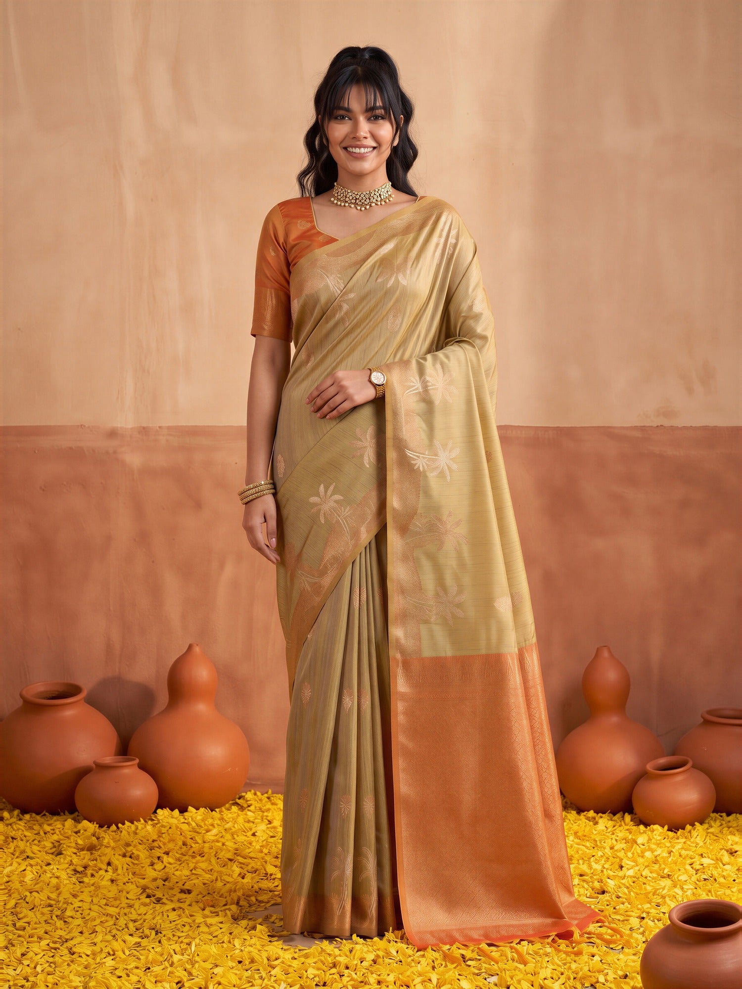 Woman wearing beige tussar silk saree with traditional indian motif work and rust blouse