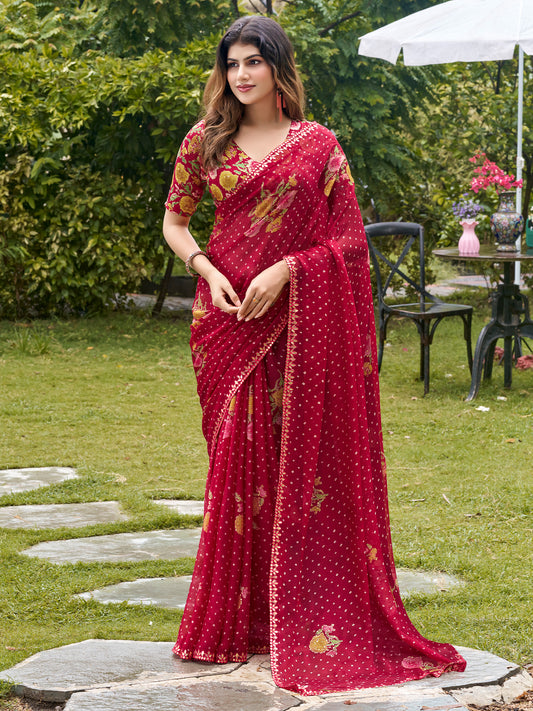 Woman wearing red chiffon saree with metallic foil print work and multicolored blouse