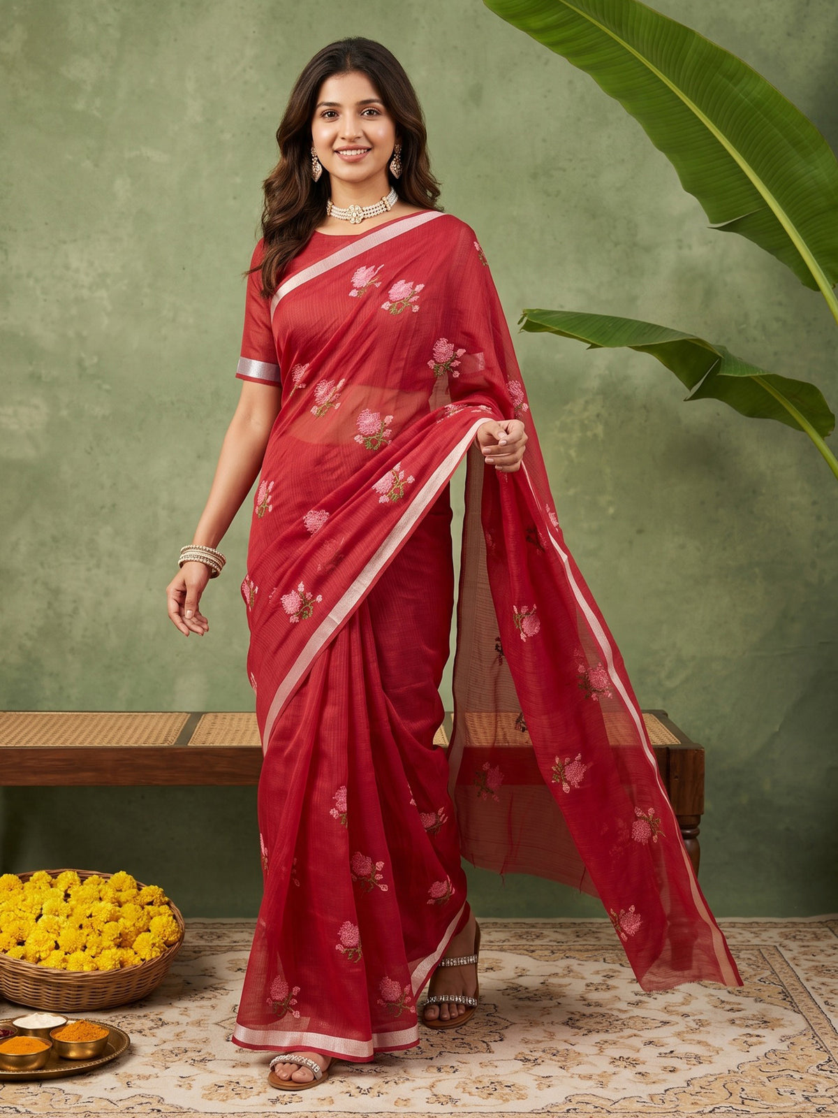 Woman wearing red kota doria cotton saree with embroidered motif work and red blouse