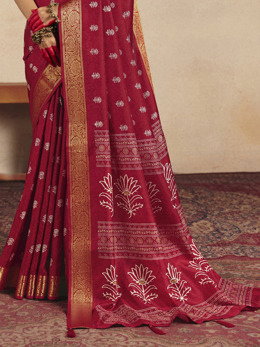 Red Tussar Silk saree – detail view 1