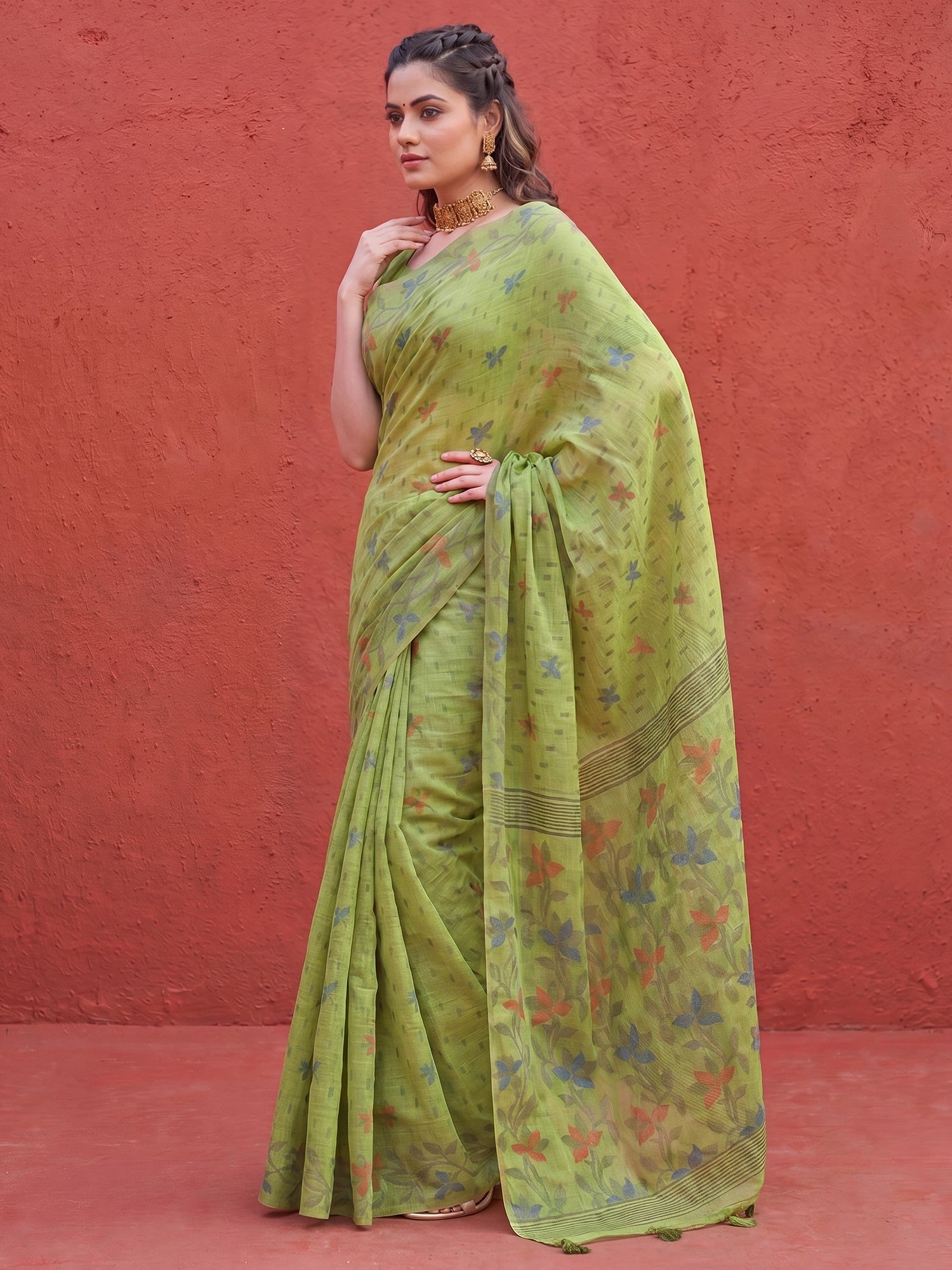 Green Linen saree – detail view 2