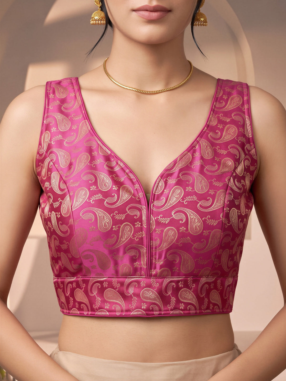 Magenta woven brocade silk blend sleeveless readymade saree blouse with v neck view 4