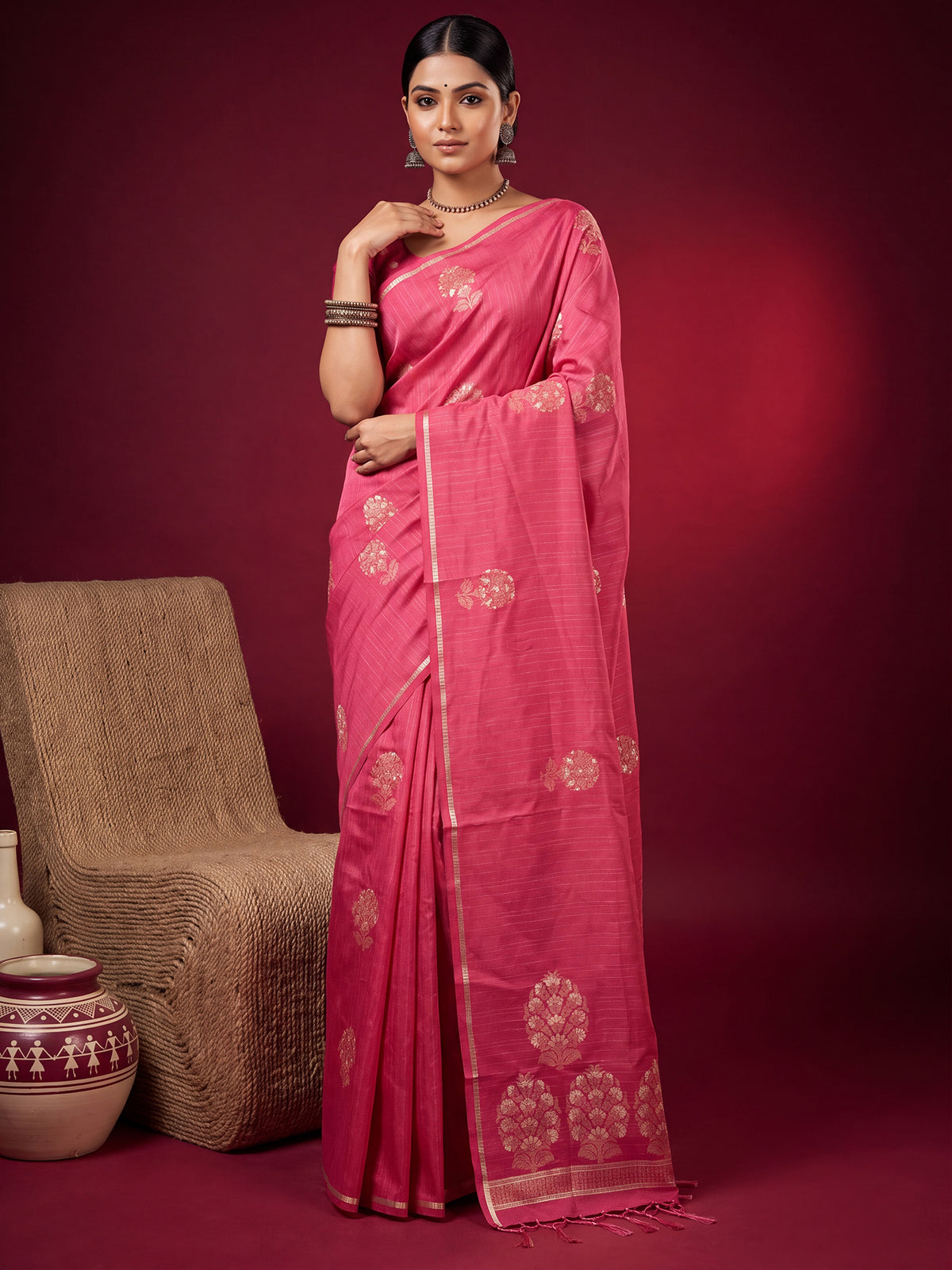 Pink Satin Silk saree – detail view 3