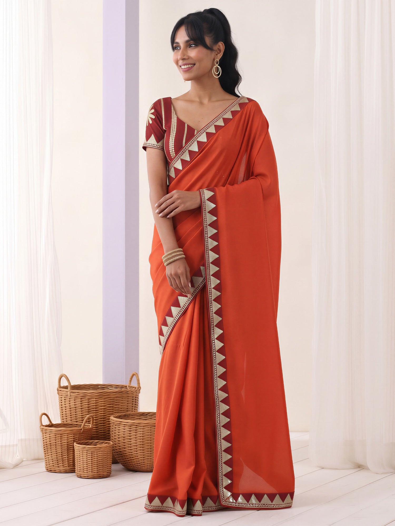 Rust Vichitra Silk saree – detail view 3