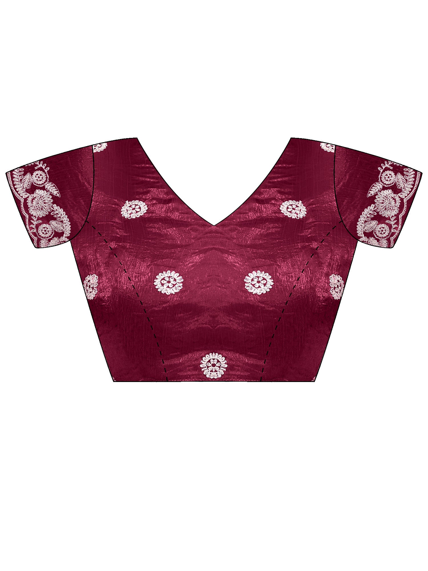 Unstitched burgundy satin blouse piece with embroidered design