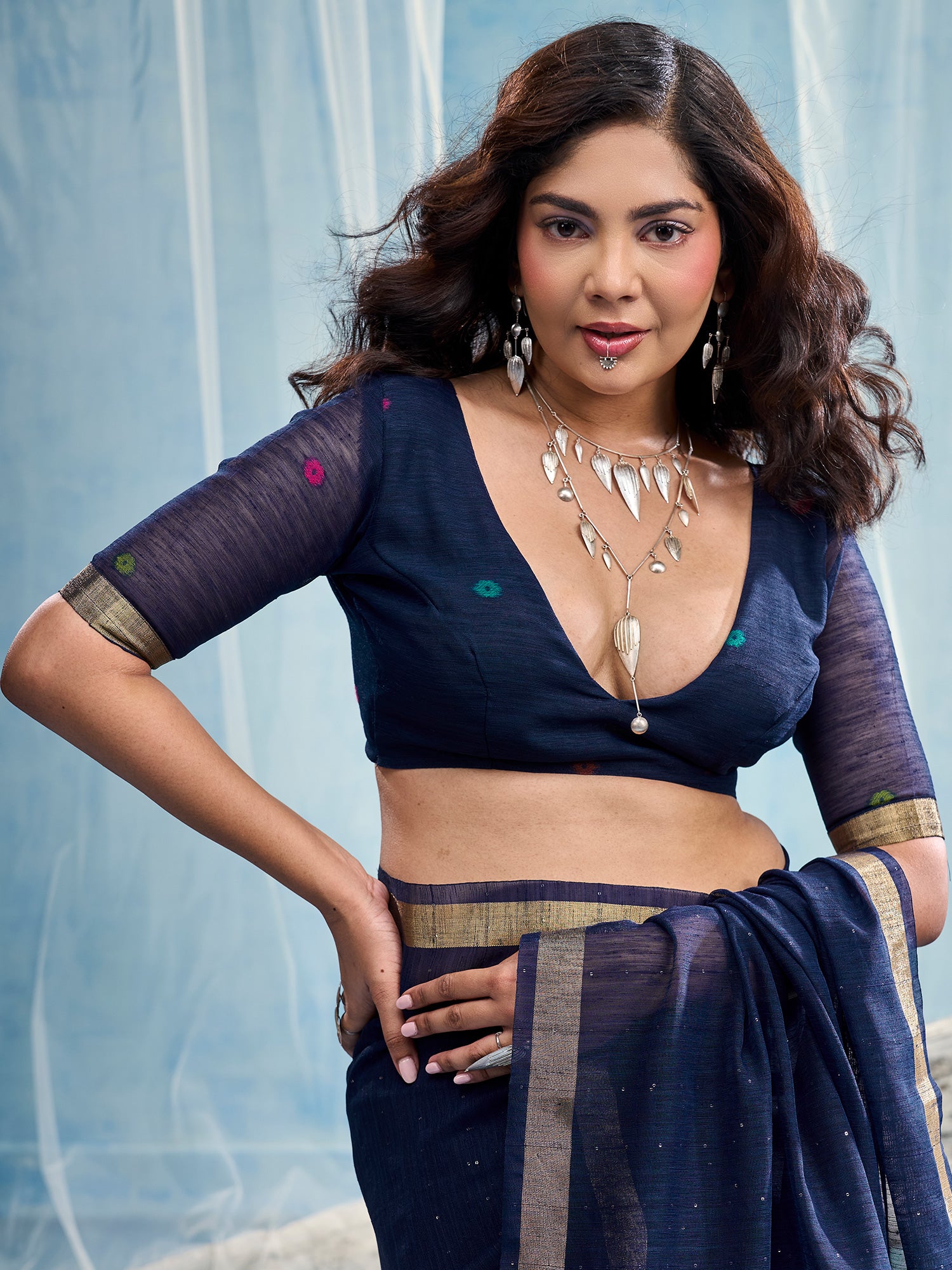 Unstitched navy blue muga silk blouse piece with woven design design