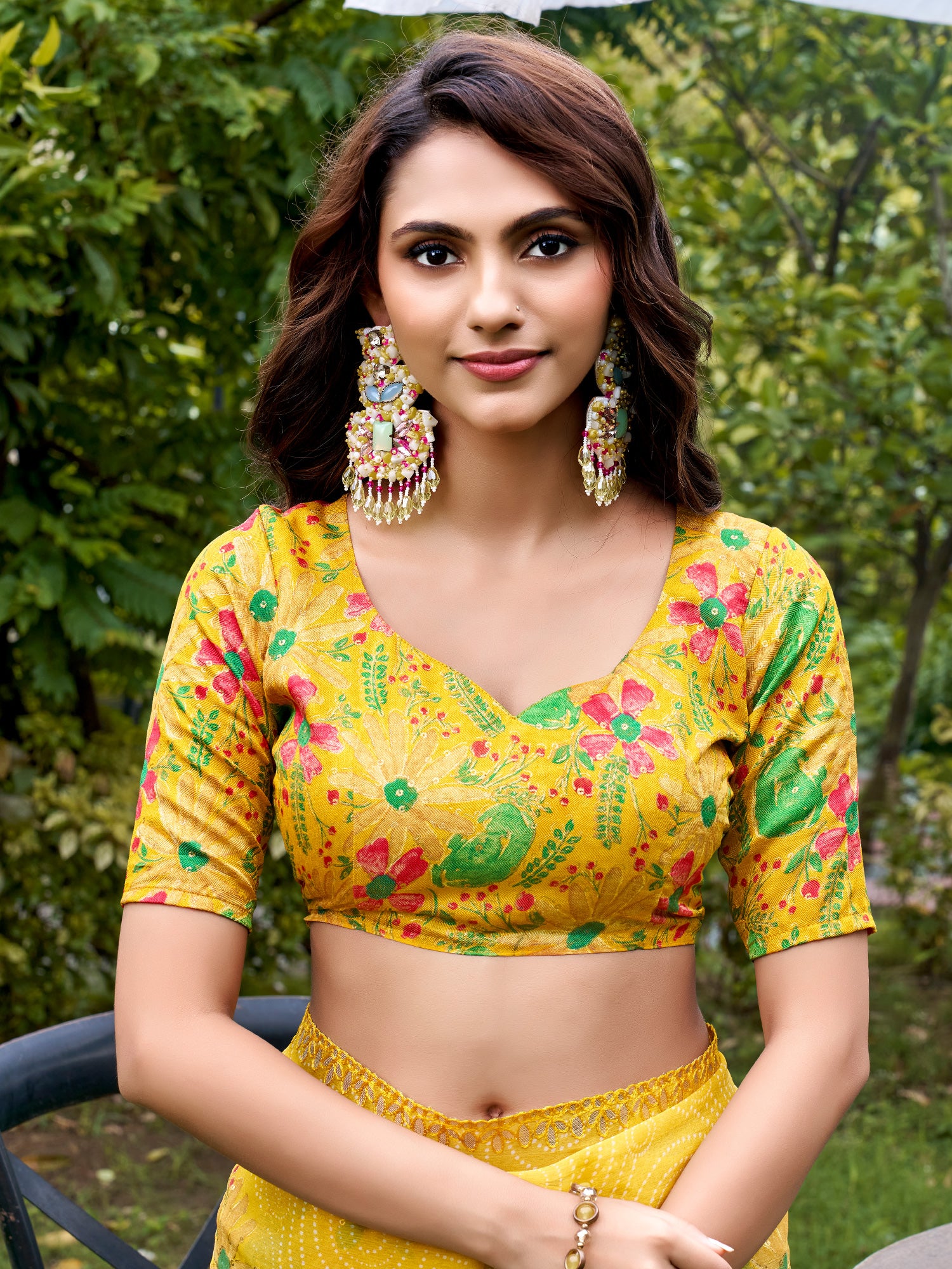Unstitched multicolored pashmina silk blouse piece with floral design