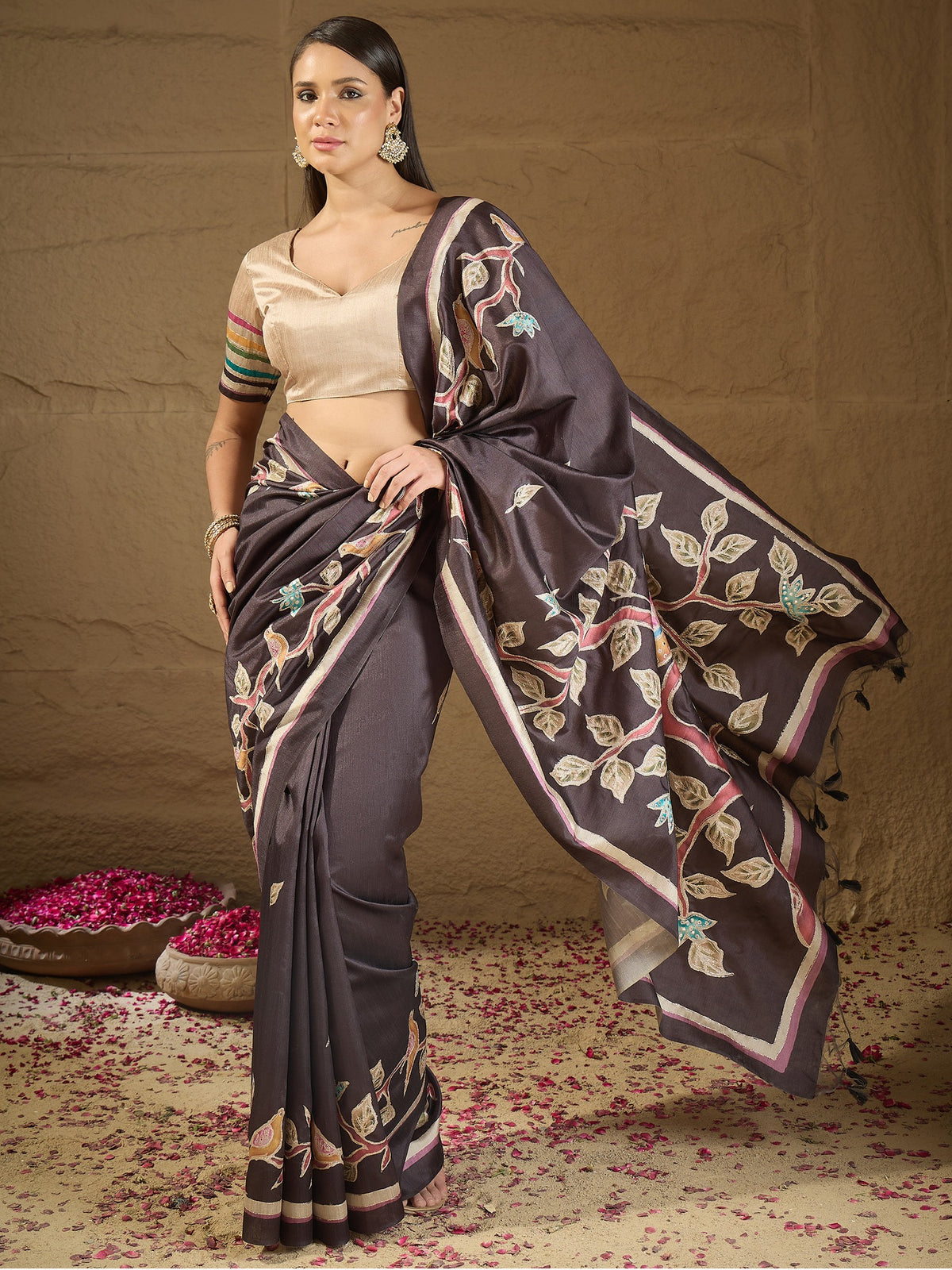 Charcoal Grey art silk saree view 4