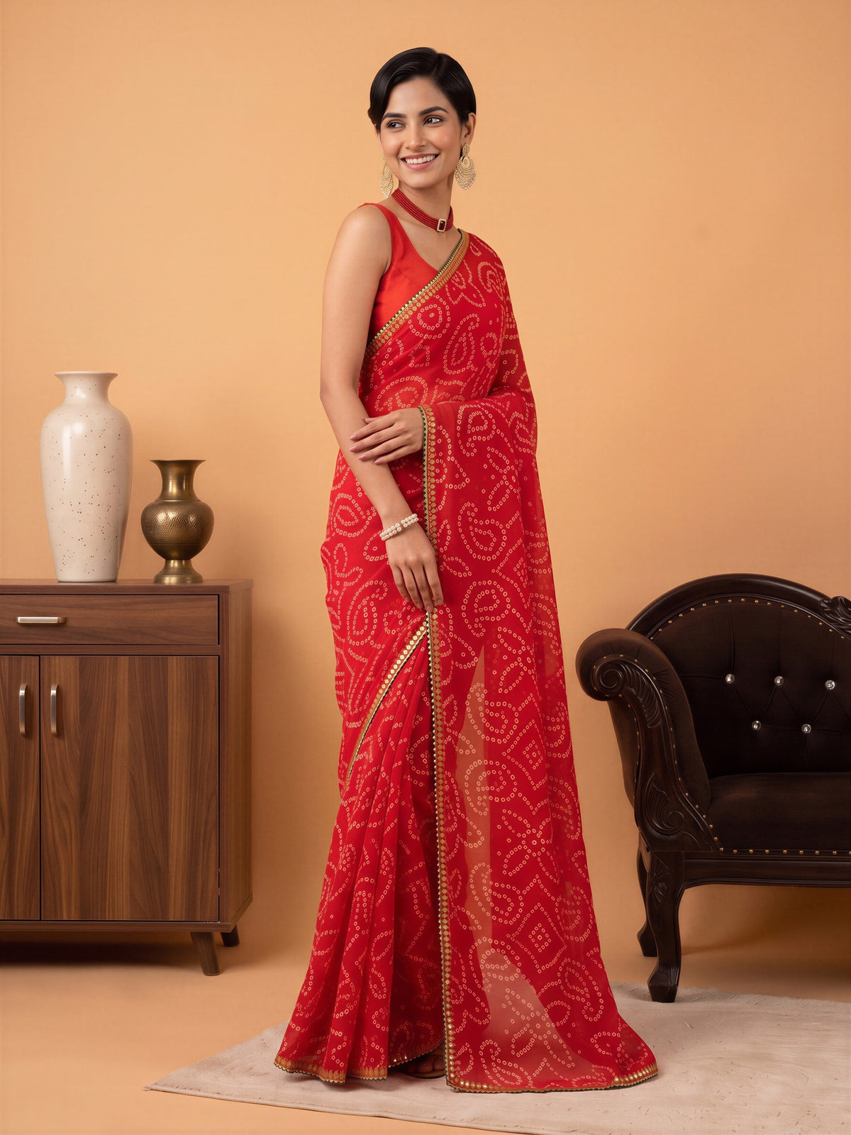 Red Georgette saree – detail view 4