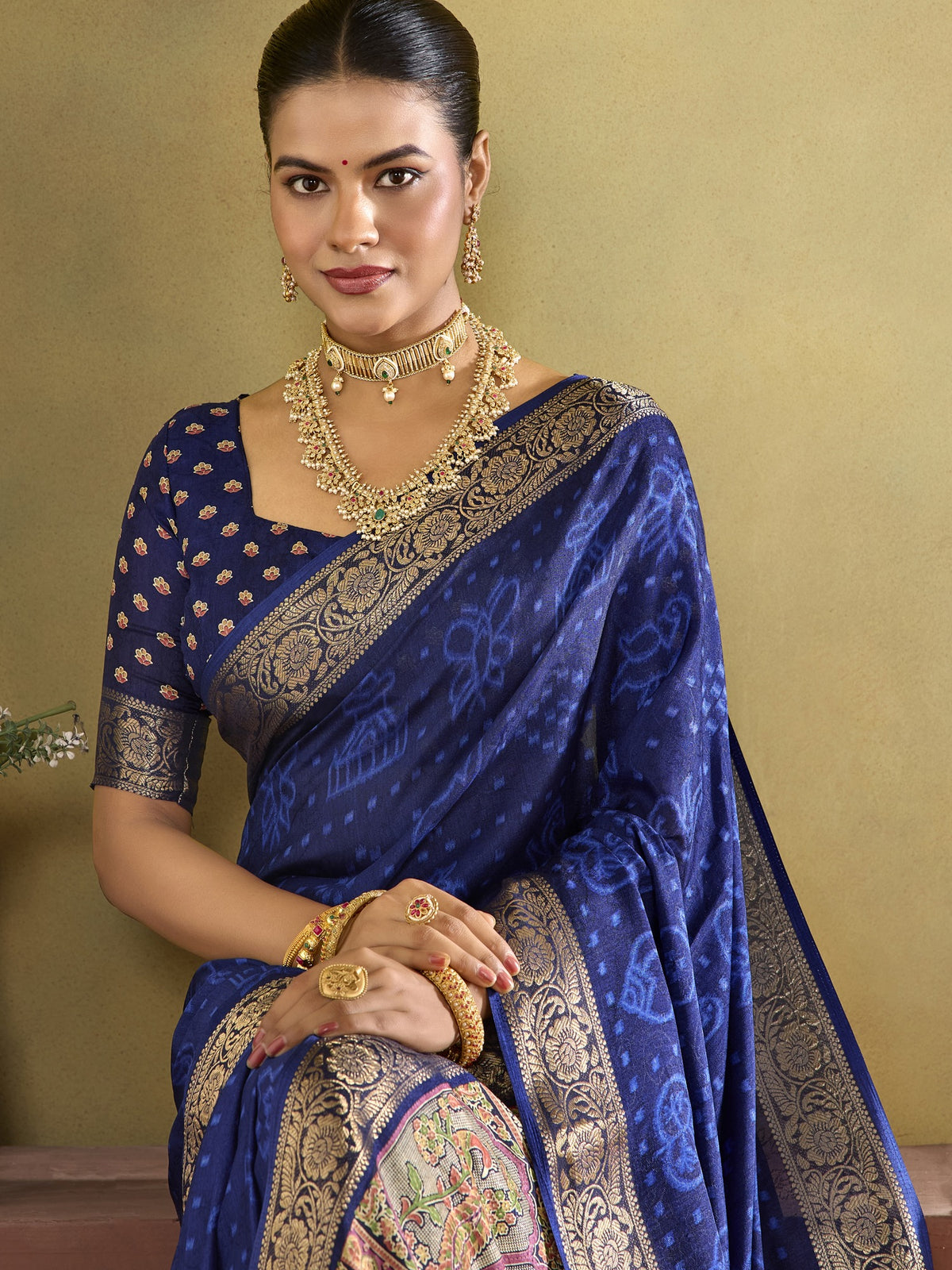 Blue tussar silk saree view 3