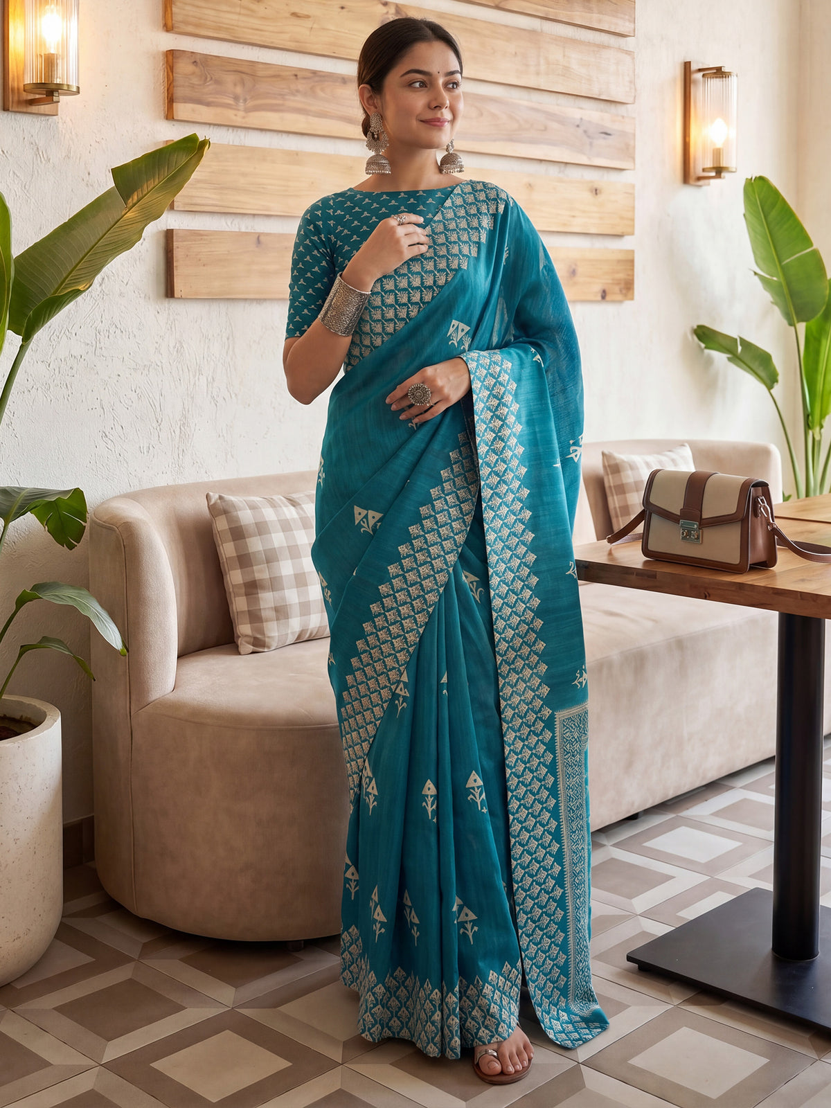 Teal Blue Cotton Blend saree – detail view 2