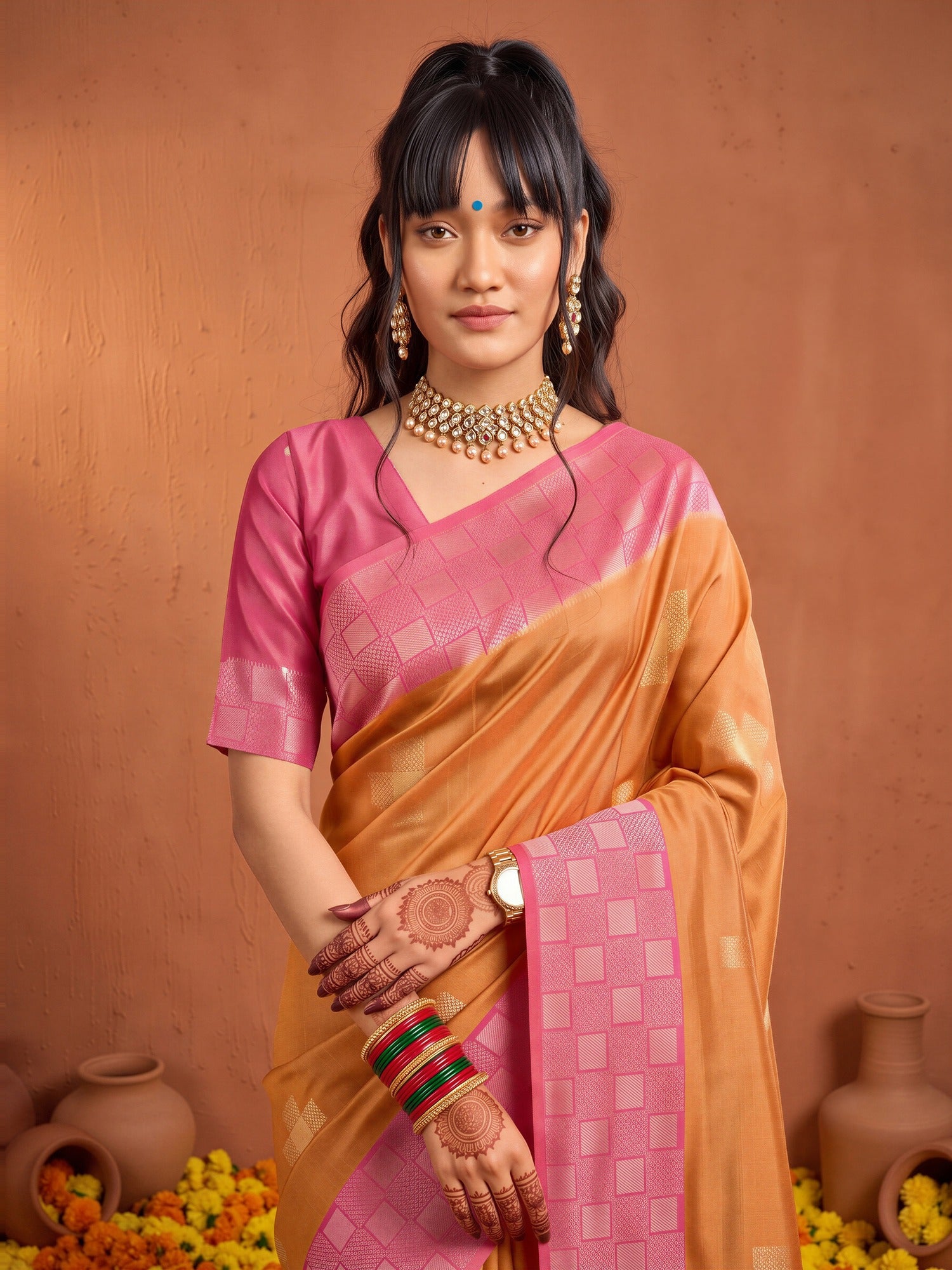 Orange Cotton Blend saree – detail view 3