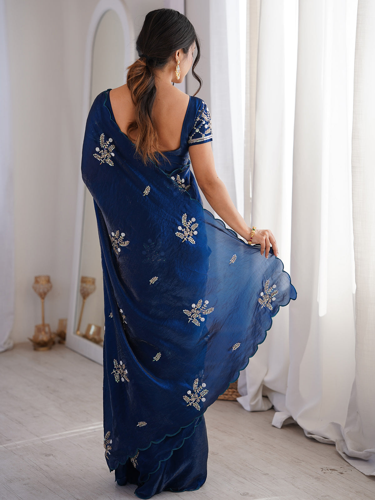 Navy Blue Satin saree – detail view 1