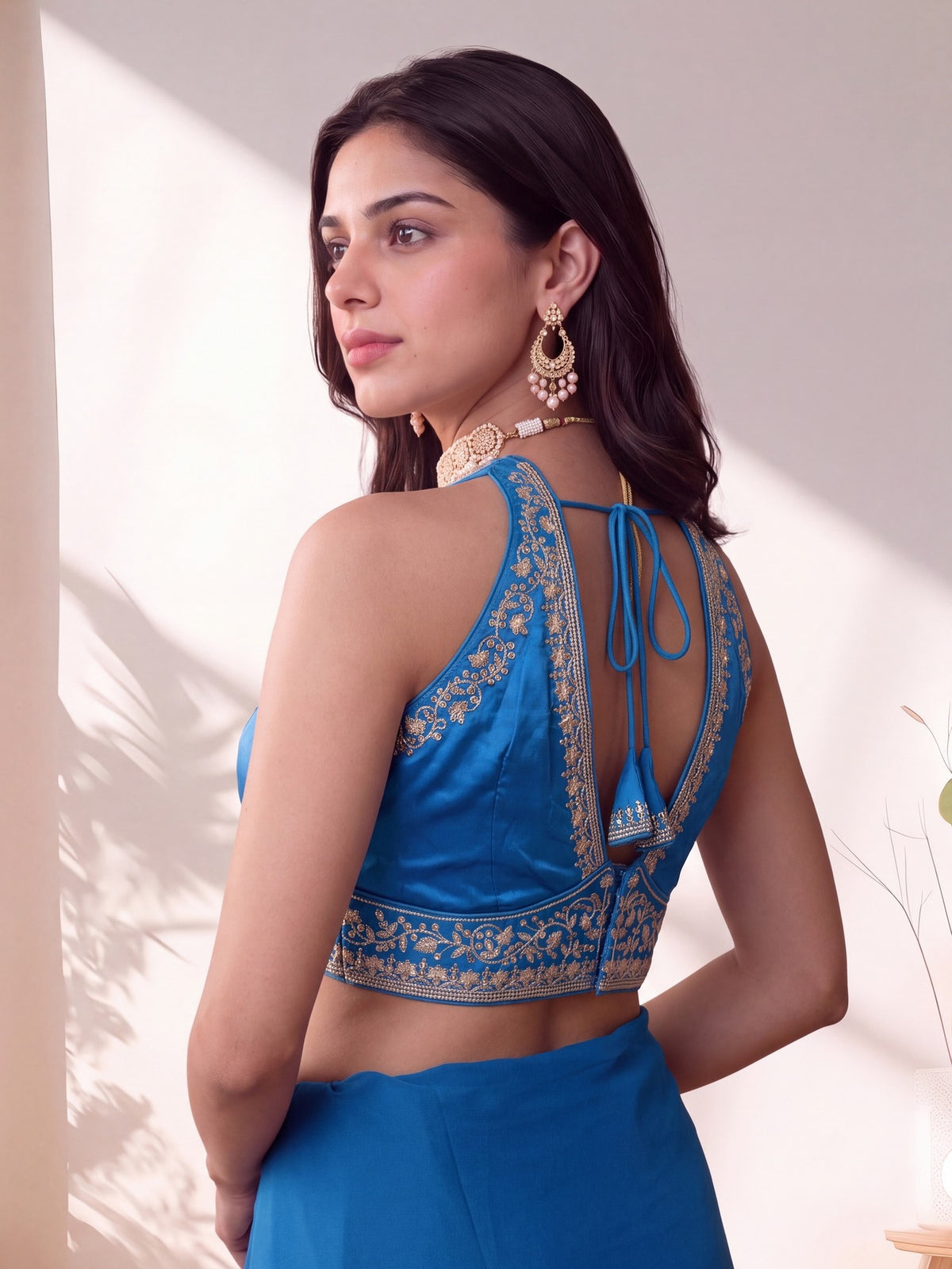 Blue sequin embellished silk blend sleeveless readymade saree blouse with deep v neck view 2