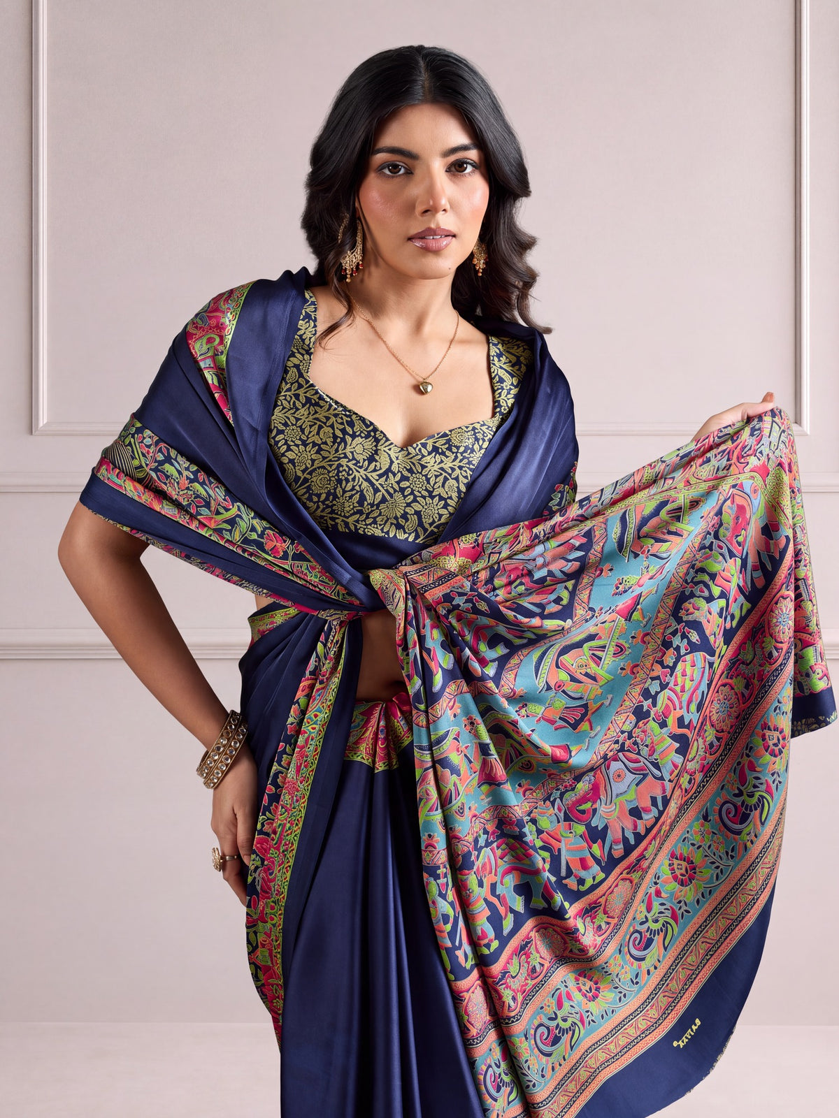 Navy Blue Satin saree – detail view 1