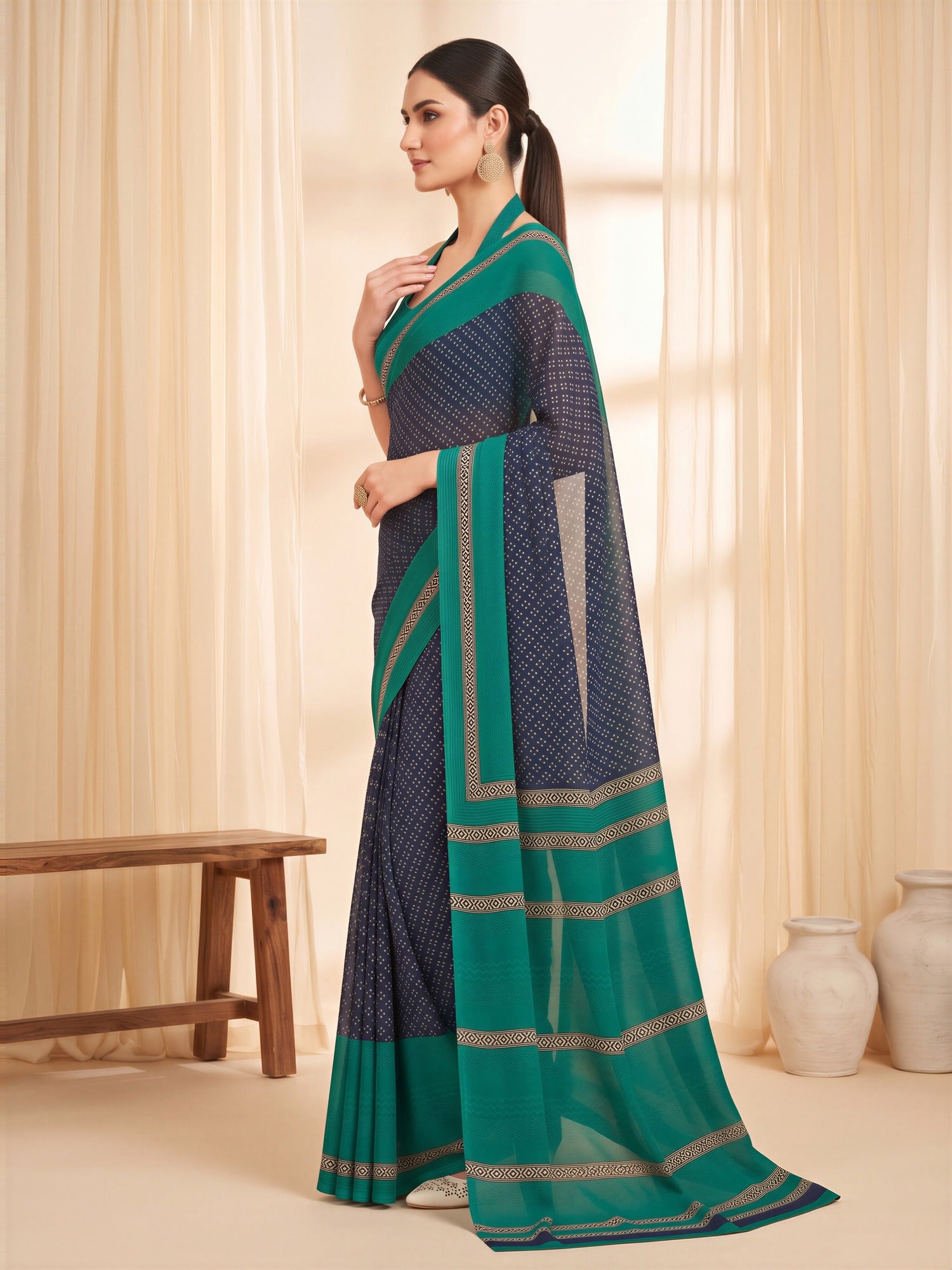 Navy Blue Crepe saree – detail view 2
