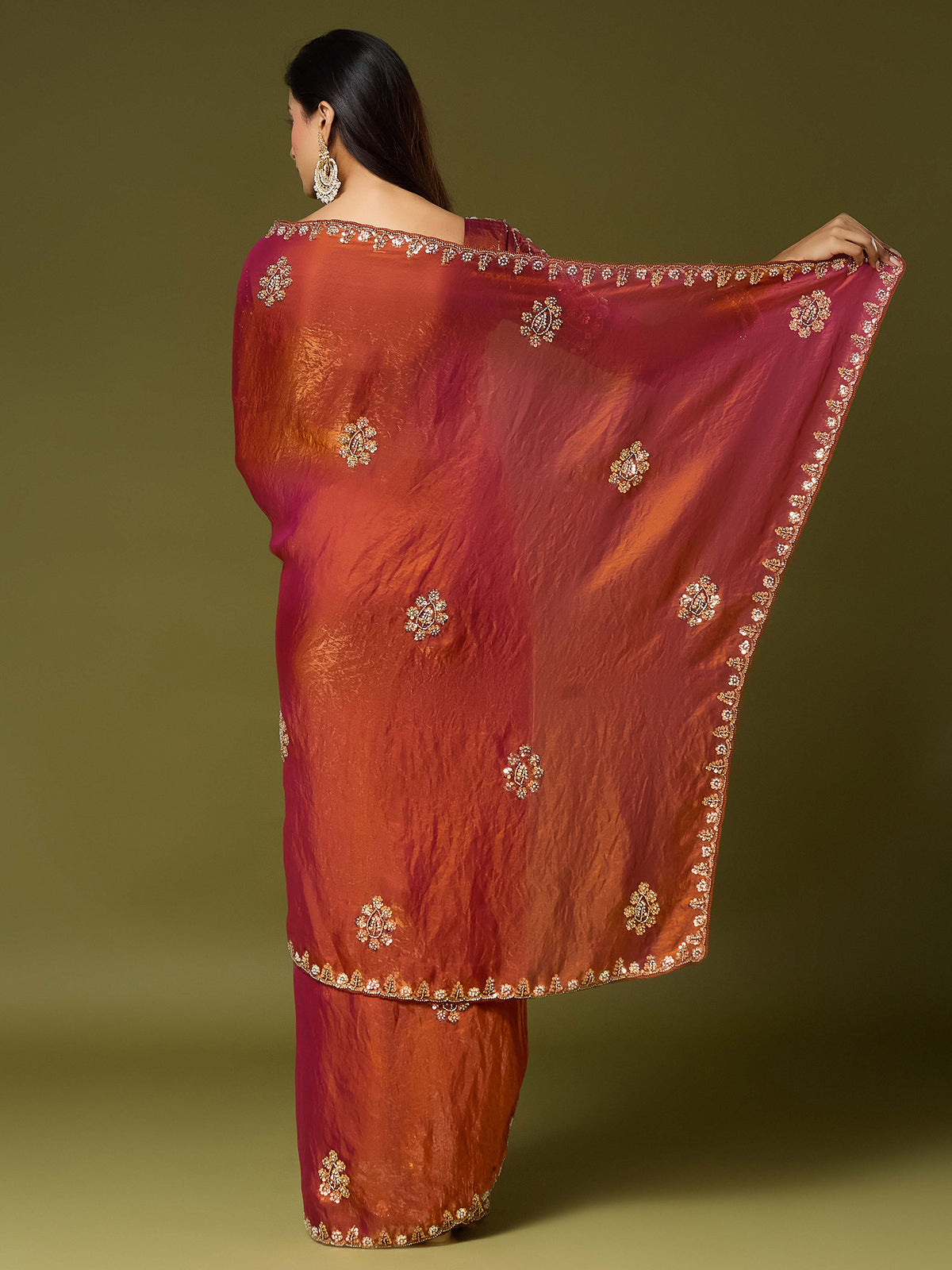 Orange Satin Silk saree – detail view 1