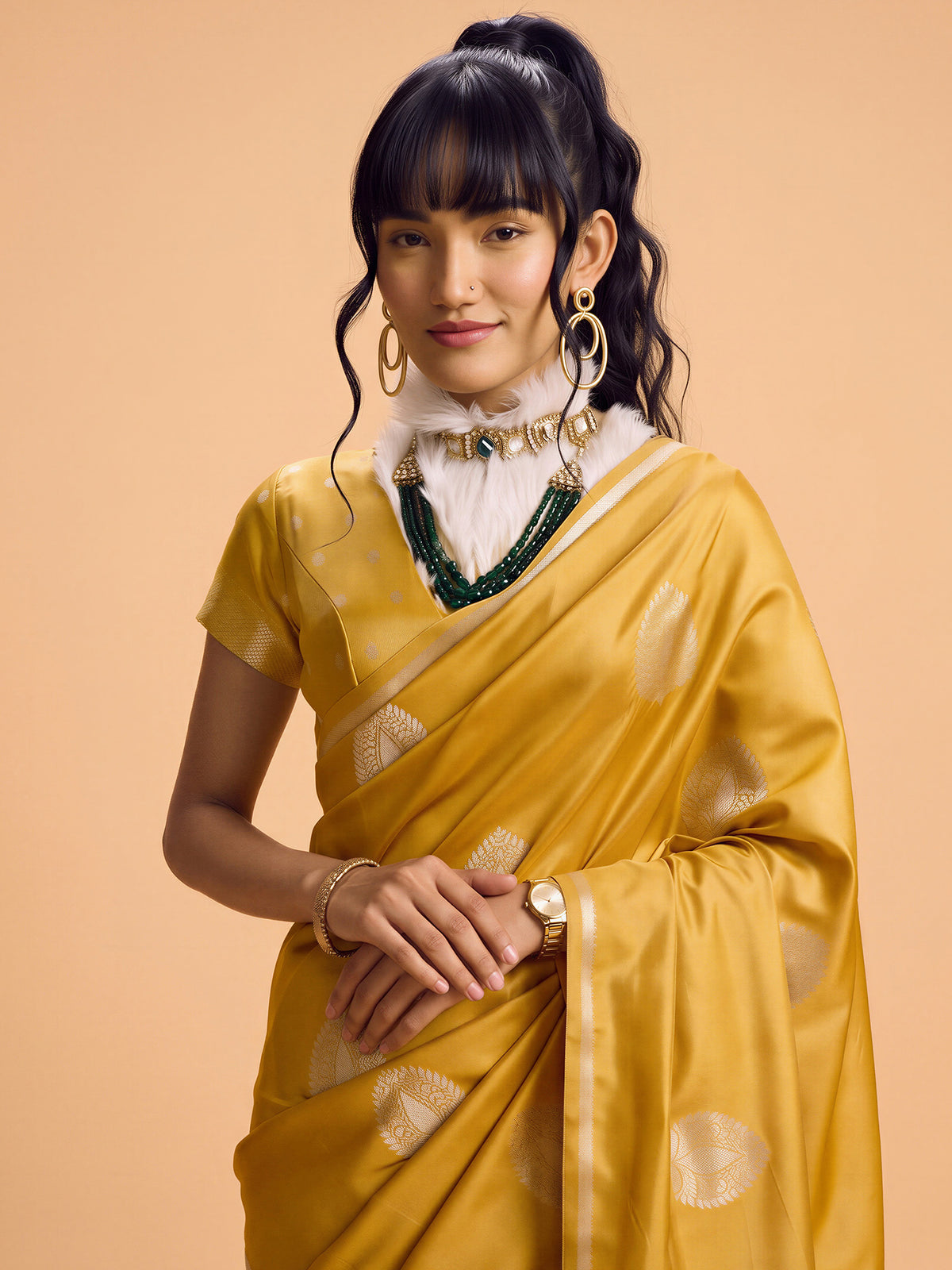 Mustard Satin Silk saree – detail view 4