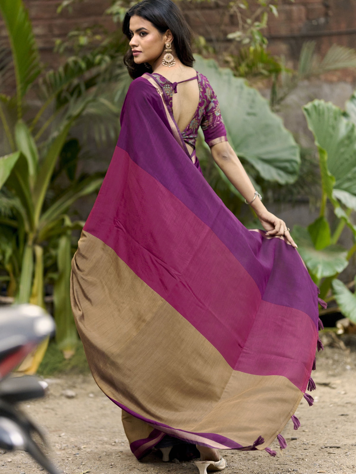 Wine cotton blend saree view 1