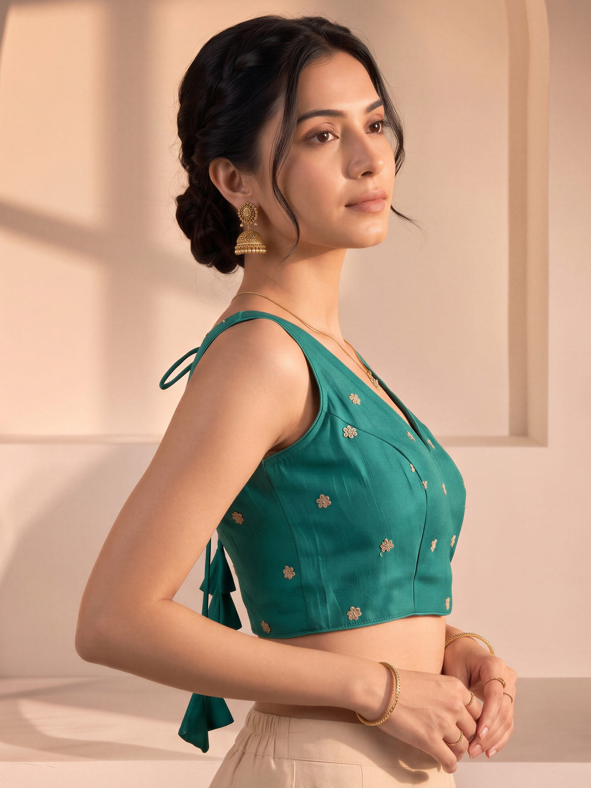 Teal Green sequin embellished vichitra silk sleeveless readymade saree blouse with v neck view 2